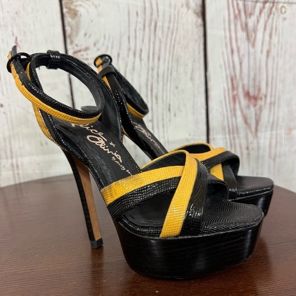 Alice + Olivia Shoes - Alice & Olivia Lizabeth Black & Yellow patent leather Ankle Strap Platforms 6.5